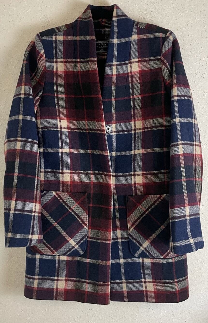 Abercrombie Fitch Jacket Womens XS Red Plaid Flannel Wool Blend Overcoat Peacoat